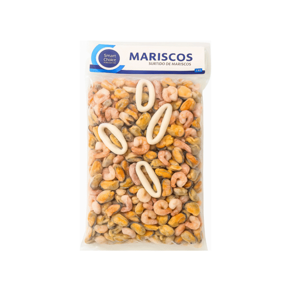 Surtido de mariscos congelados Smart Choice 1 kg. Incluye camarones, calamares y choritos, perfecto para paellas, salteados o platos marinos variados.